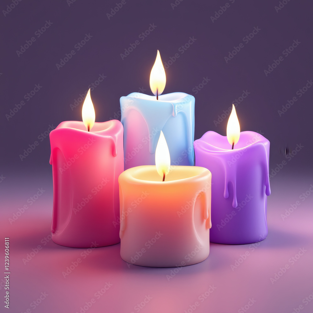 Bright, colorful candles in pink, blue, and purple shades with vibrant flames. Perfect for cozy, artistic, and modern decorations. Isolated on a contrast background. Bright, colorful candles in pink, blue, and purple shades with vibrant flames. Perfect for cozy, artistic, and modern decorations. Isolated on a contrast background.