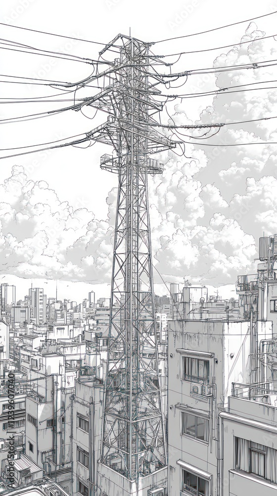 Cityscape with tall electricity pylon, power lines, and buildings; urban infrastructure illustration Cityscape with tall electricity pylon, power lines, and buildings; urban infrastructure illustration