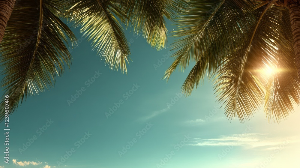 Fototapeta premium tropical summer postcard with palm leaves, exotic flowers, and a bright blue sky, space for text
