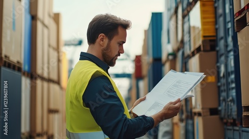 A customs agent examining imported goods and checking import duty documents photo