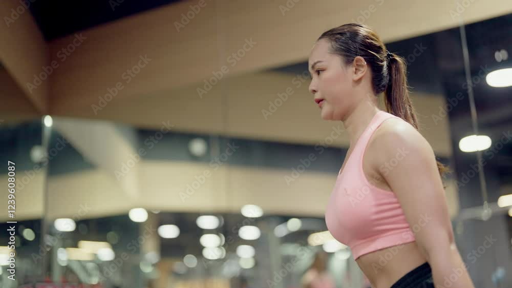 A woman is lifting weights in a gym. The gym is full of equipment and has a mirror on the wall A woman is lifting weights in a gym. The gym is full of equipment and has a mirror on the wall