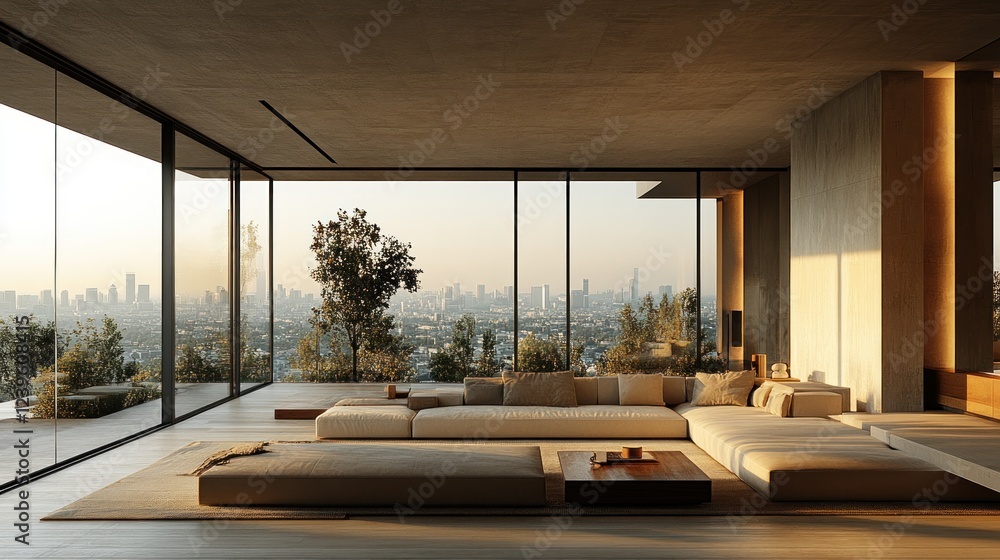 Fototapeta premium Modern living room, city view, sunset, luxury home, architecture