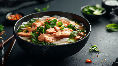 Wallpaper Mural delicious bowl of pho with noodles, chicken, and fresh herbs, garnished with spices and served in dark bowl Torontodigital.ca