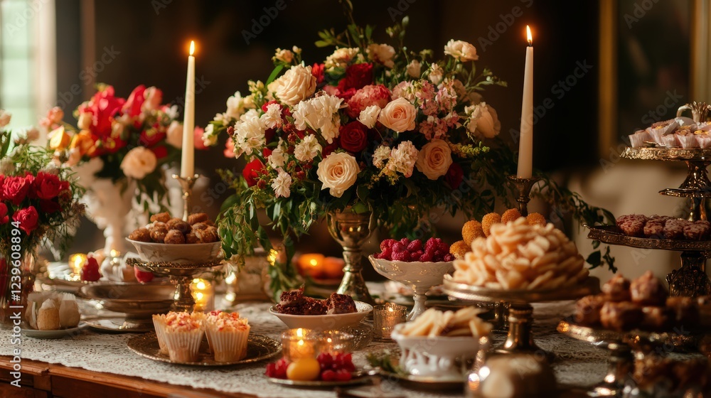 A festive table adorned with elegant floral arrangements, candles, and sweets for a March 8 gathering A festive table adorned with elegant floral arrangements, candles, and sweets for a March 8 gathering