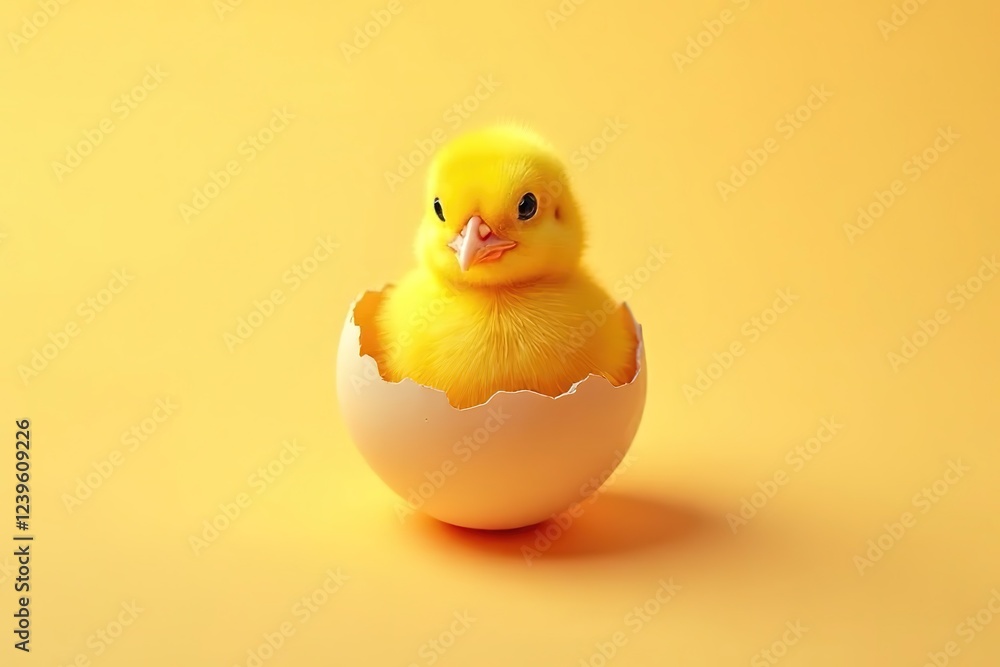 A cheerful yellow chick peeks out from a cracked eggshell against a bright yellow background, symbolizing new beginnings and spring. A cheerful yellow chick peeks out from a cracked eggshell against a bright yellow background, symbolizing new beginnings and spring.