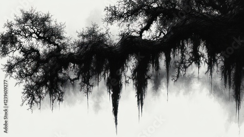 Swamp oak branches draped in Spanish moss, misty background, gothic art print
