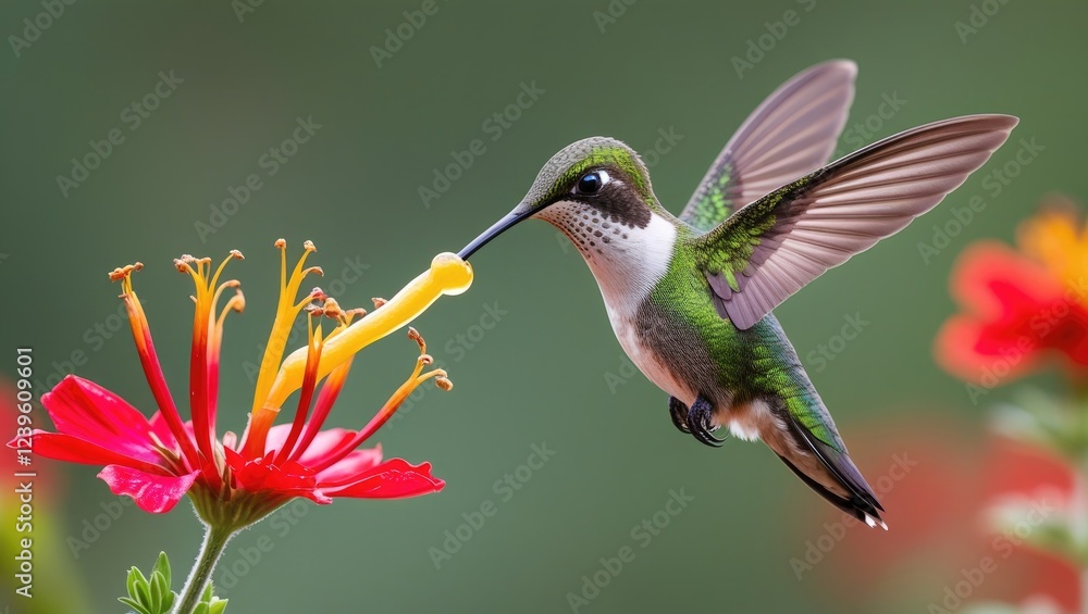 Fototapeta premium Hummingbird hovering and sucking nectar from red flower