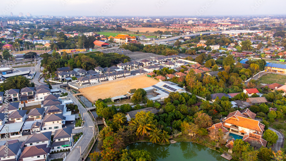 Naklejka premium Aerial view of suburban residential houses in Chiang Mai, Thailand