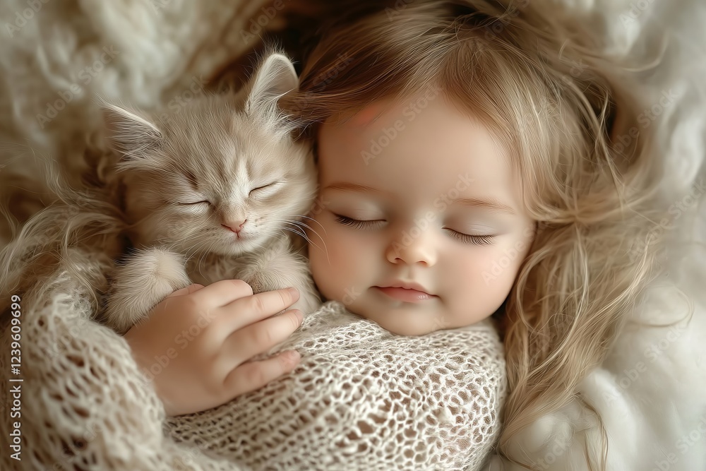 This is a photo of a cute little child sleeping soundly while holding a cute kitten on a soft bed. This is a photo of a cute little child sleeping soundly while holding a cute kitten on a soft bed.