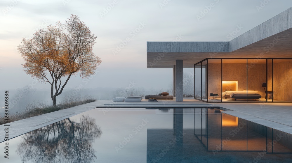 Fototapeta premium Modern minimalist house, pool, autumn tree, foggy hills, luxury home design