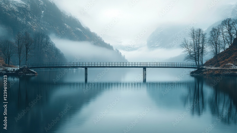 Fototapeta premium Misty fjord bridge reflection, calm lake, winter