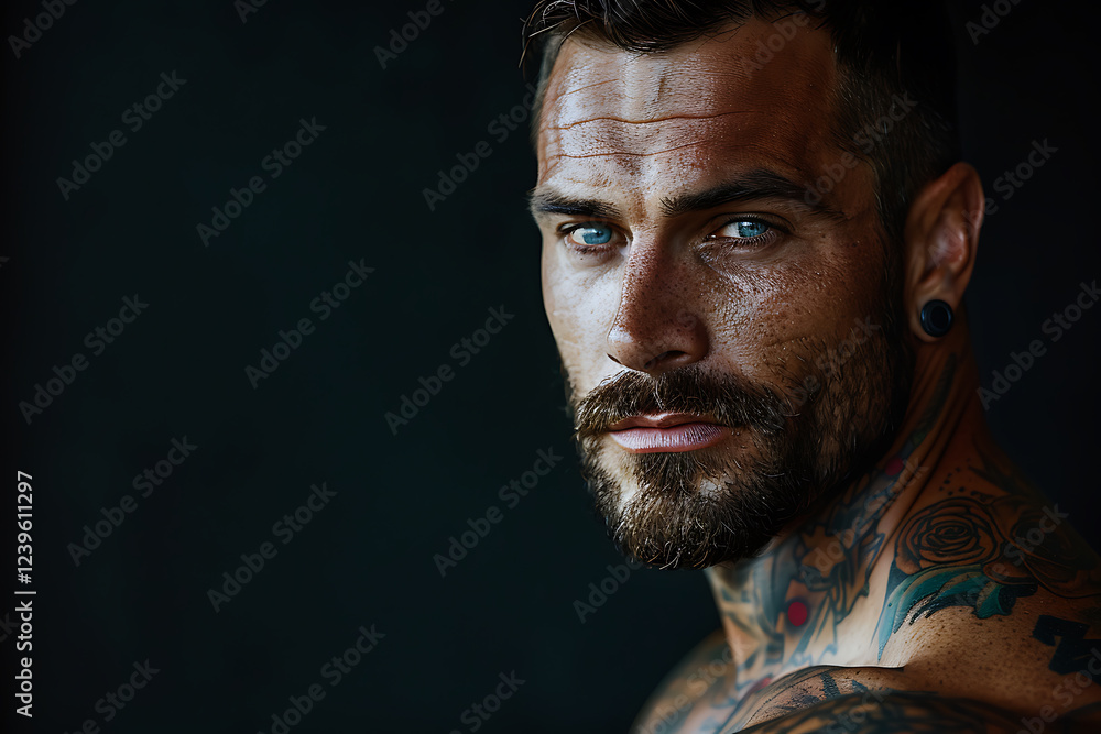 character portrait, a muscular, tattooed, photorealistic man in his s with a stern gaze poses sideways, exuding wealth and attractiveness character portrait, a muscular, tattooed, photorealistic man in his s with a stern gaze poses sideways, exuding wealth and attractiveness
