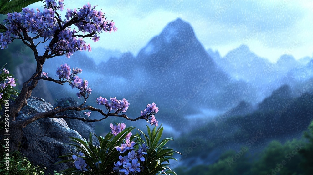Misty Mountain Landscape with Pink Blossoms Misty Mountain Landscape with Pink Blossoms