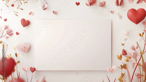 Valentine mockup card minimalist design. Heartfelt Display with Flowers on White Backdrop Valentines Day Card Template with Copy Space.