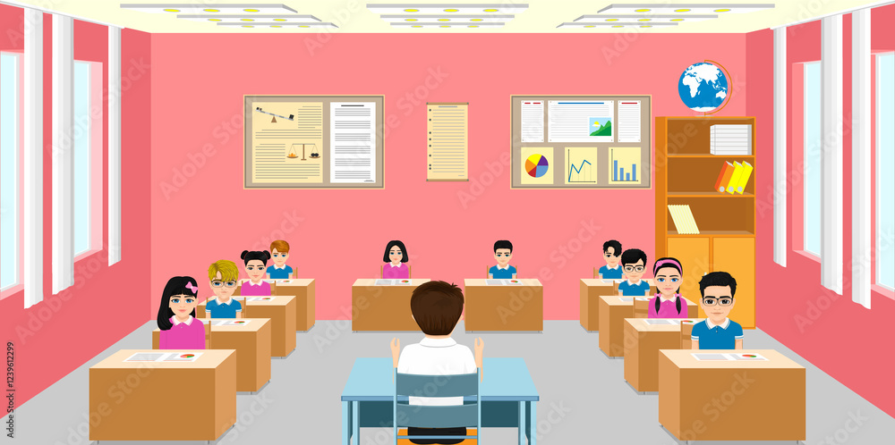 Students who address the middle school or high school level are arranged in a class order with male teacher Students who address the middle school or high school level are arranged in a class order with male teacher