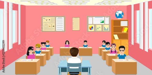 Students who address the middle school or high school level are arranged in a class order with male teacher