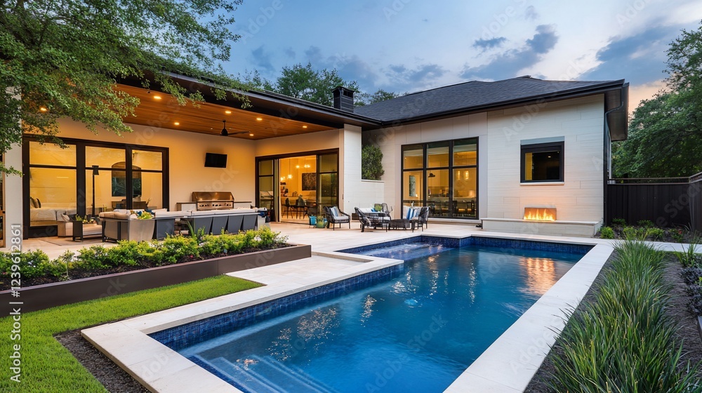 Fototapeta premium Luxury home outdoor living space with pool and fire feature at dusk