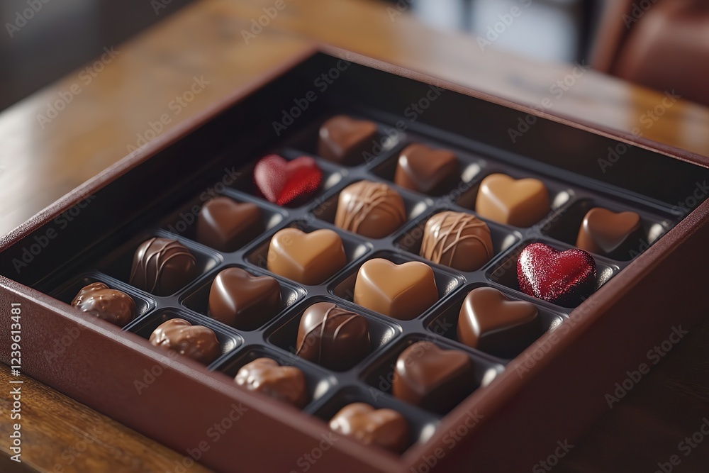 Photo of heart-shaped Valentine's chocolates in different patterns and colors in a square box on a wooden table Photo of heart-shaped Valentine's chocolates in different patterns and colors in a square box on a wooden table