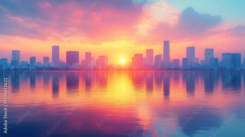 Fototapeta premium Cityscape sunrise reflection, calm water, colorful sky, urban development, travel brochure