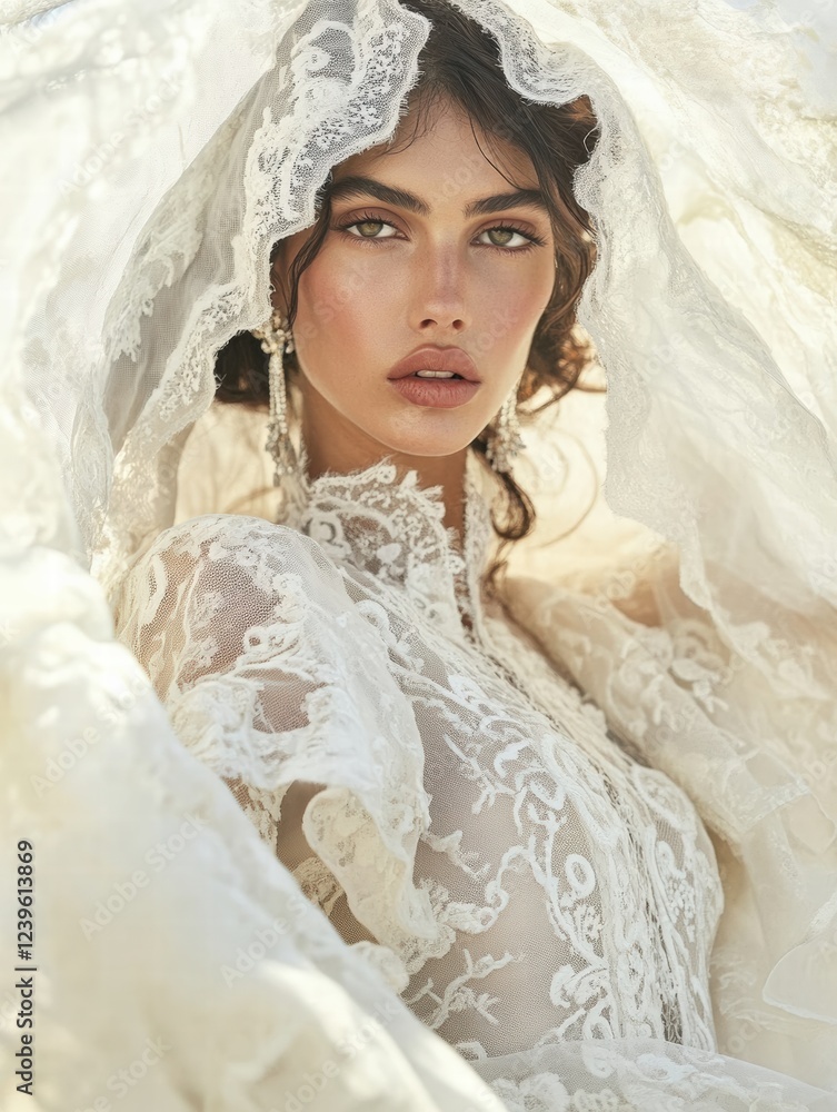 A stunning bridal portrait featuring intricate lace details and ethereal styling, perfect for romantic imagery. A stunning bridal portrait featuring intricate lace details and ethereal styling, perfect for romantic imagery.