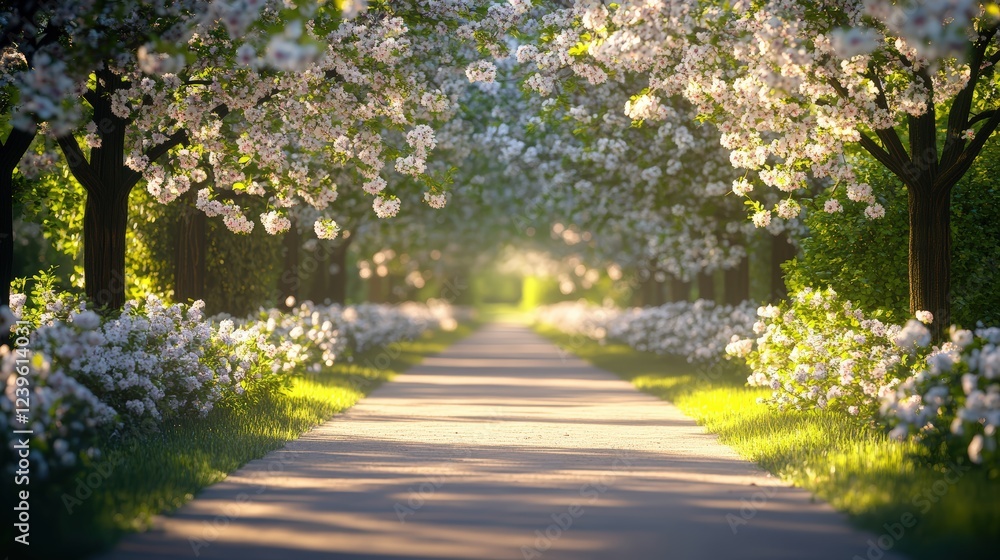 Naklejka premium Scenic Park Path Lined with Blooming Flowers, Symbolizing Spring and Femininity