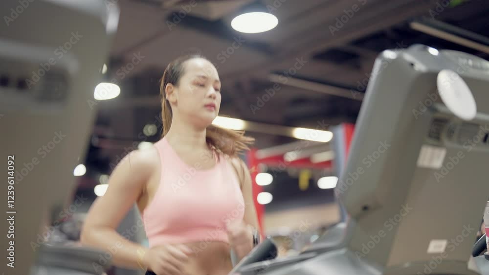 A woman is running on a treadmill in a gym. She is wearing a pink tank top and has her hair in a ponytail A woman is running on a treadmill in a gym. She is wearing a pink tank top and has her hair in a ponytail