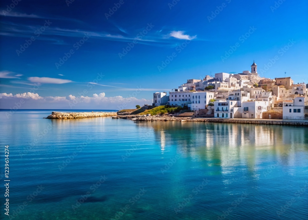Breathtaking Mediterranean Landscape: Azure Skies, Serene Sea, and Coastal City Breathtaking Mediterranean Landscape: Azure Skies, Serene Sea, and Coastal City