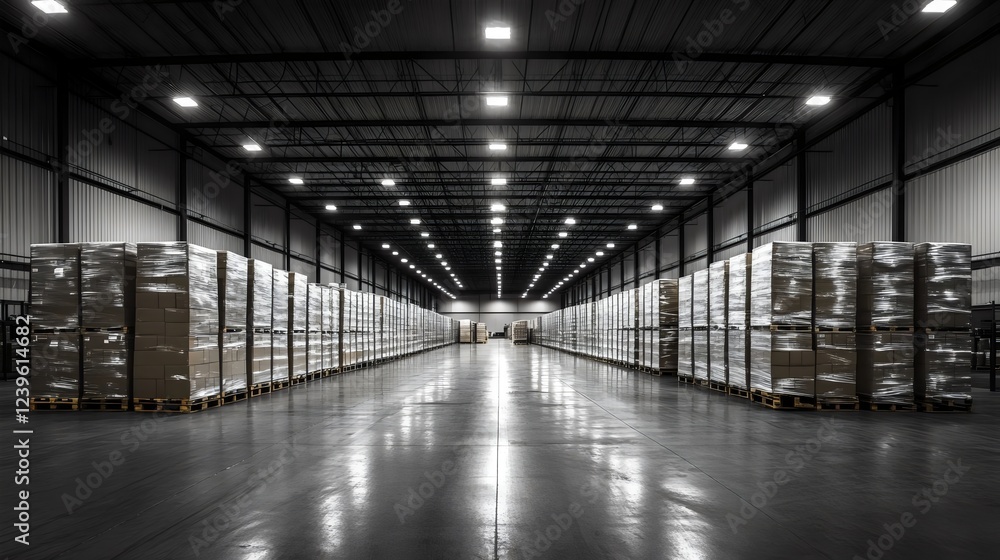 A warehouse with many boxes stacked on pallets A warehouse with many boxes stacked on pallets