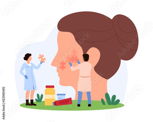 Tiny people working on skin renewal, focusing on repairing and rejuvenating skin, emphasizing dermatology treatments and skincare advancements vector illustration.