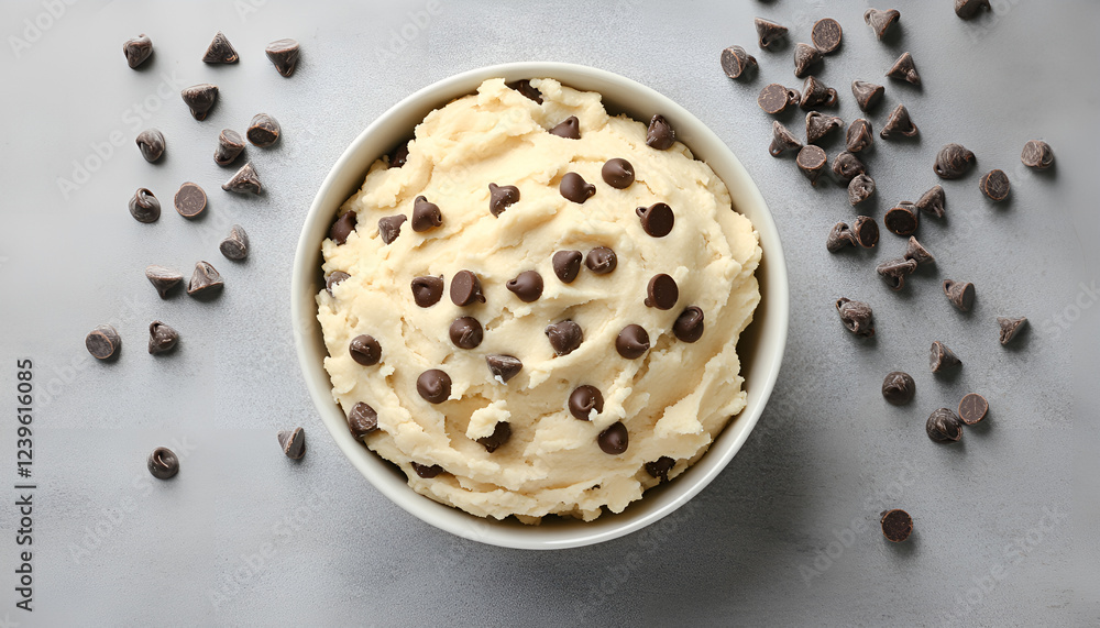 Raw dough with chocolate chips in bowl on grey table, flat lay Raw dough with chocolate chips in bowl on grey table, flat lay