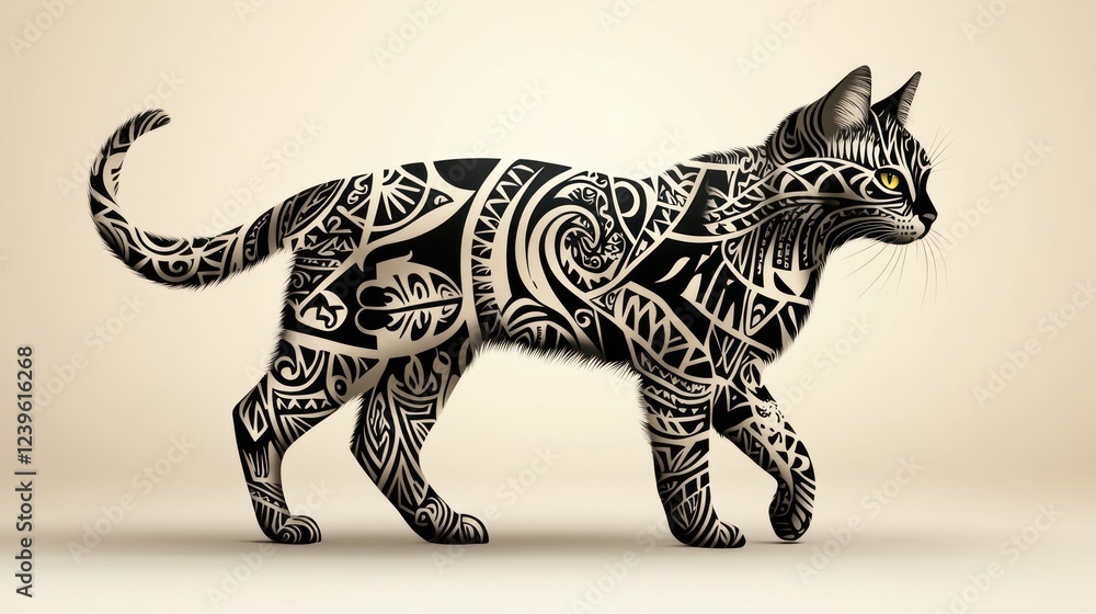 Fototapeta premium Tribal Tattoo Cat Walking Studio Shot