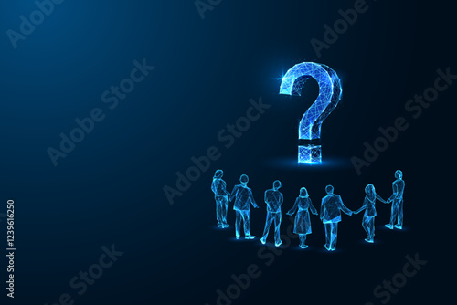 Group of people standing in front of glowing question mark on dark blue background. Problem solving