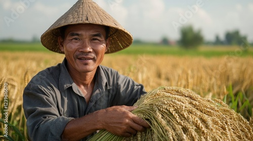 A smiling farmer holds freshly harvested rice while standing in a sunlit golden field. Lush green trees and distant hills provide a serene backdrop to this agricultural scene