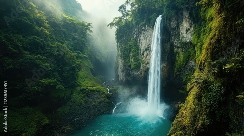Lush Green Canyon Waterfall: Misty Morning, Turquoise Pool, High Cliffs