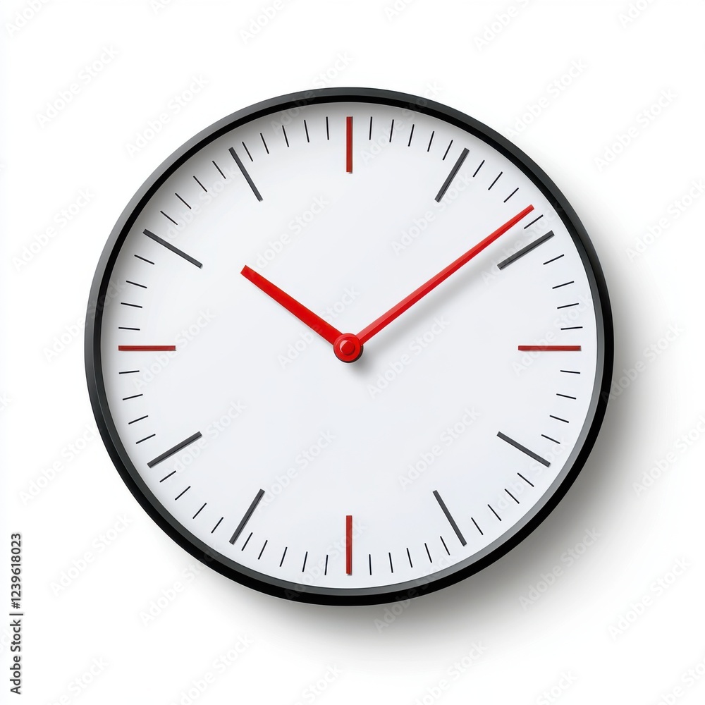 Minimalist Round Wall Clock with Red Accent Hands and Simple Black Markings on a Clean White Background Minimalist Round Wall Clock with Red Accent Hands and Simple Black Markings on a Clean White Background