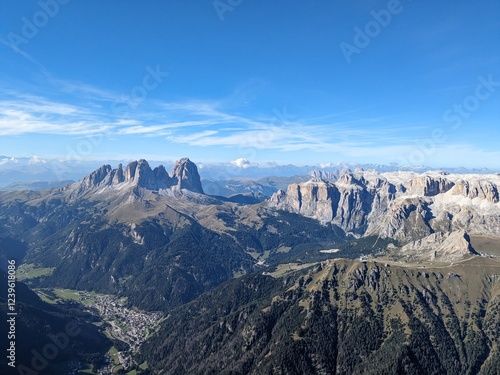 Dolomites mountains panorama landscape view Italy-with mountain meadows,lakes and rocky and sharp mountain tops,Dolomite Alps mountains, Trentino Alto Adige region, Sudtirol
 photo