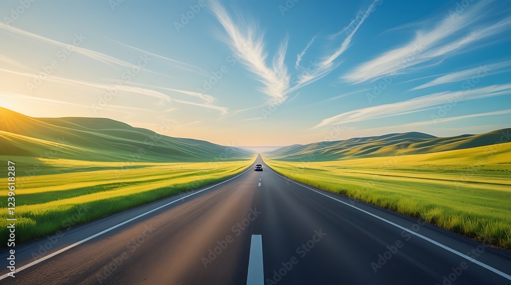 Empty asphalt highway leading through golden fields and green meadows under a dramatic blue sky. Ideal for road trip concepts, travel photography, and scenic countryside landscapes
Empty asphalt highway leading through golden fields and green meadows under a dramatic blue sky. Ideal for road trip concepts, travel photography, and scenic countryside landscapes