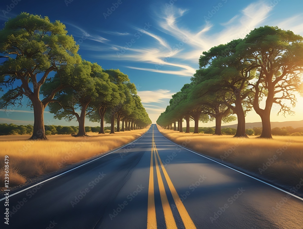 Empty asphalt highway leading through golden fields and green meadows under a dramatic blue sky. Ideal for road trip concepts, travel photography, and scenic countryside landscapes

