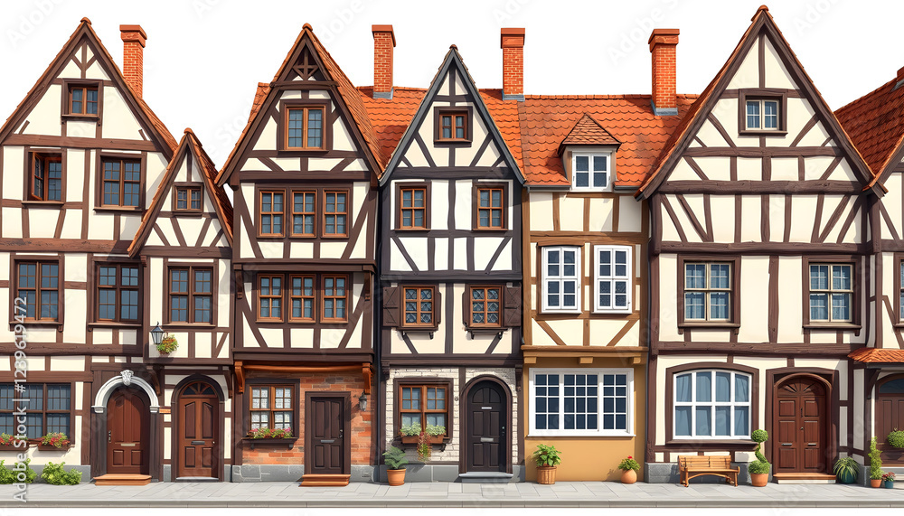A big set of cute old half timbered houses. Medieval facades. Cartoon. Caricature , with white tonespng A big set of cute old half timbered houses. Medieval facades. Cartoon. Caricature , with white tonespng