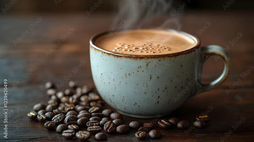 Steaming Cup of Coffee with Roasted Beans on Wooden Table Steaming Cup of Coffee with Roasted Beans on Wooden Table