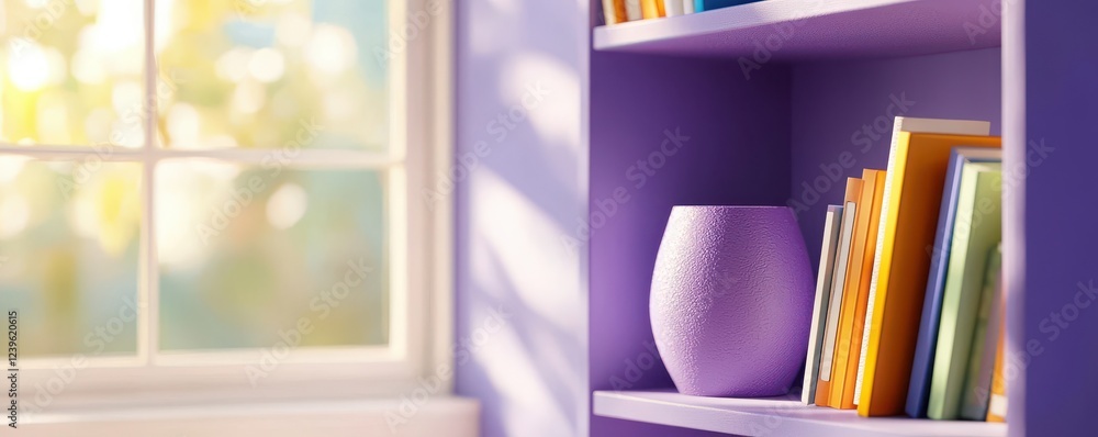 Educational corner featuring vibrant purple bookshelves cozy reading nook home environment welcoming atmosphere Educational corner featuring vibrant purple bookshelves cozy reading nook home environment welcoming atmosphere