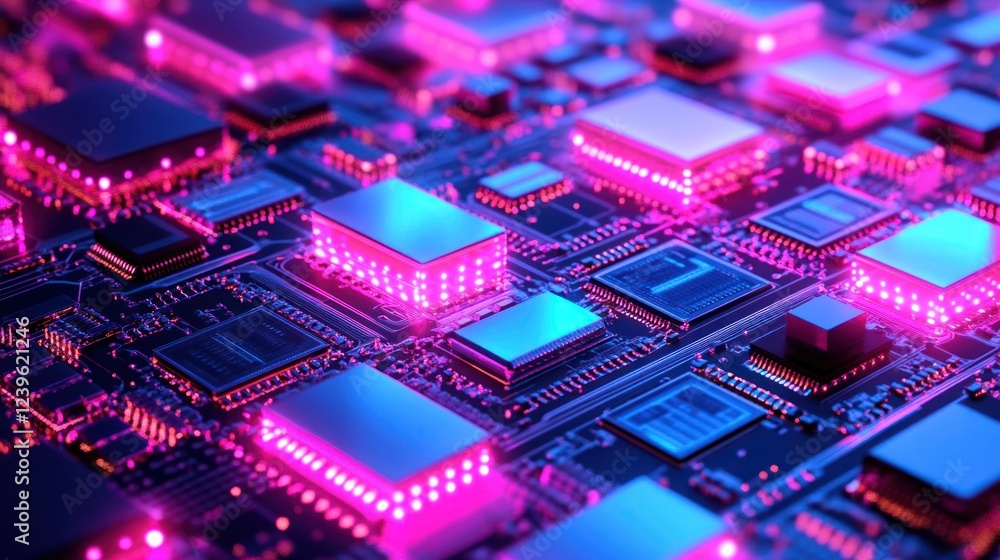 Obraz premium Glowing electronic circuit board with pink and blue lights, suitable for technology background