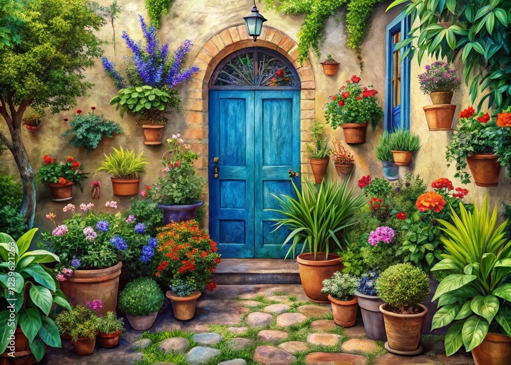 Fototapeta premium Charming Garden Scene with Blue Door and Potted Plants