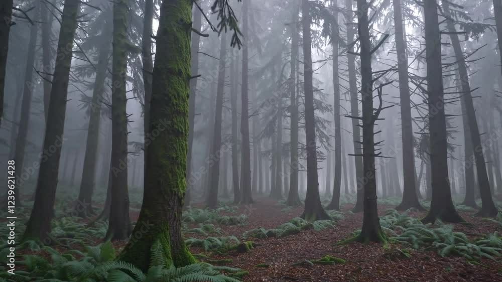 apturing the eerie and mystical atmosphere of a dark, foggy forest, as the camera smoothly glides through towering fir trees shrouded in thick mist. apturing the eerie and mystical atmosphere of a dark, foggy forest, as the camera smoothly glides through towering fir trees shrouded in thick mist.