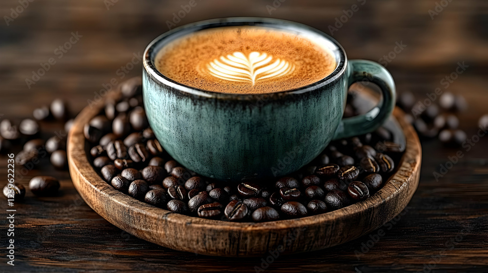 Teal Coffee Cup with Latte Art Resting on Roasted Beans Teal Coffee Cup with Latte Art Resting on Roasted Beans