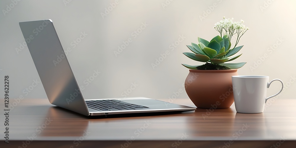 Fototapeta premium Minimalist workspace with a sleek laptop, a cup of coffee, and a green houseplant on a wooden desk near a bright window, creating a calming and productive work environment 