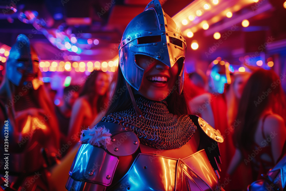 Medieval Knight Costume in Nightclub Surrounded by Joyful Friends During a Carnival Celebration with Colorful Lights Medieval Knight Costume in Nightclub Surrounded by Joyful Friends During a Carnival Celebration with Colorful Lights