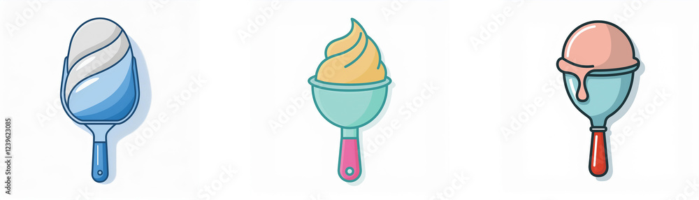 Three cartoon ice cream treats on sticks, each a different flavor and style. Blue swirl, yellow soft serve, and pink melting scoop. Three cartoon ice cream treats on sticks, each a different flavor and style. Blue swirl, yellow soft serve, and pink melting scoop.