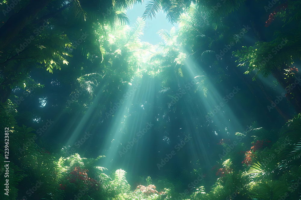 Obraz premium Sunbeams Through Lush Green Forest Canopy