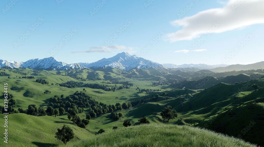 Fototapeta premium Serene Green Valley Landscape with Snowy Mountain Peaks